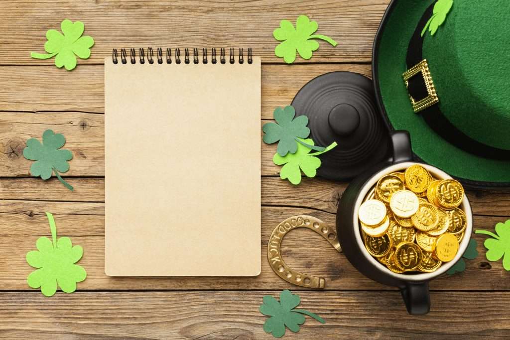 irish decoratons next to a notebook